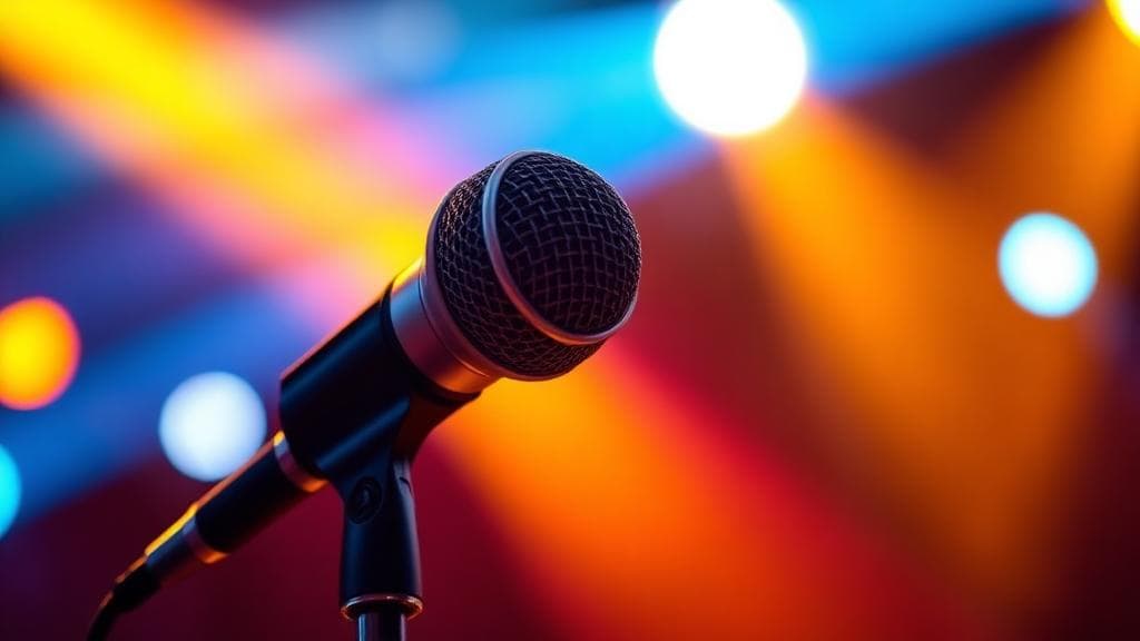 Close-up of microphone with stage lights